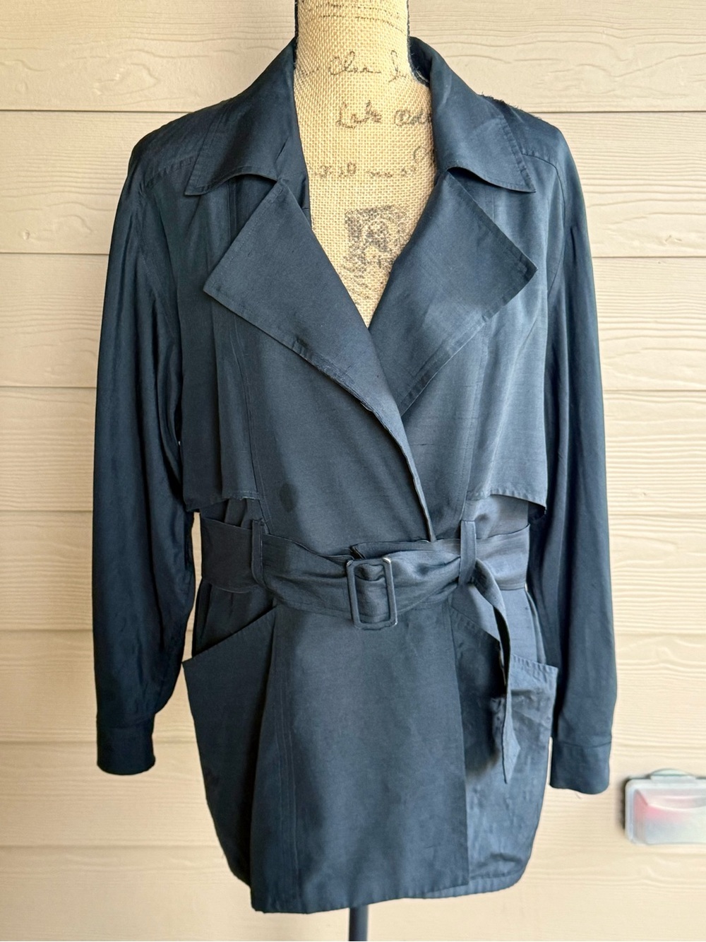 Vintage Eleanor P Brenner 100% Silk Black Belted Trench Jacket Size 10